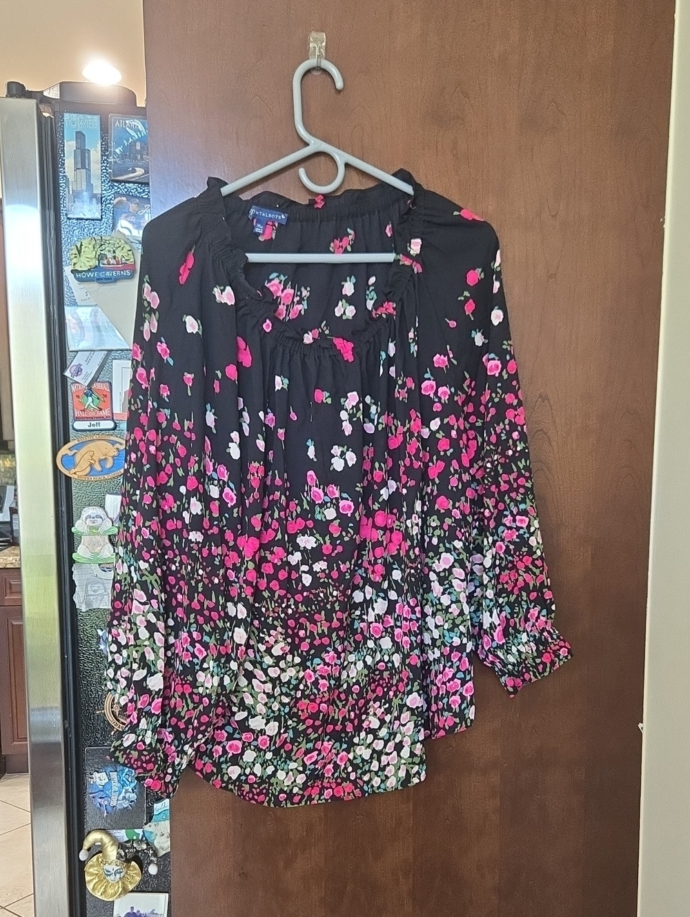 Talbots Black Floral Peasant Blouse with Pink Accents